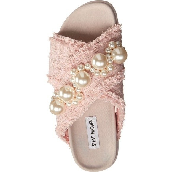 Steve Madden Women's Amie Flat Pink Boujee Pearls Slide Sandal House Slippers 6 - Picture 1 of 7